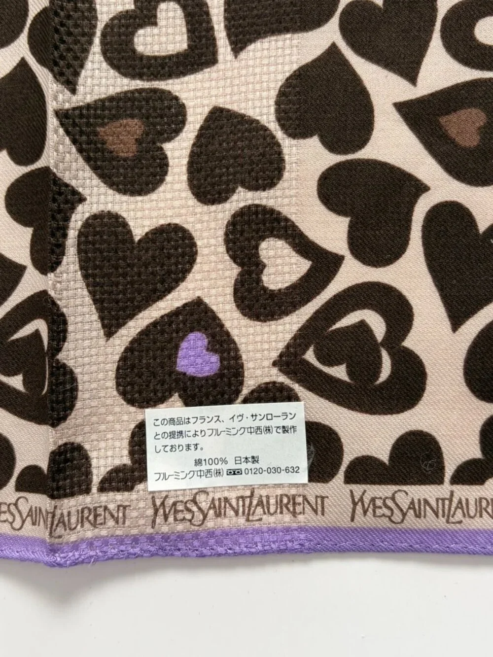 YSL Yves Saint Laurent Heart Print Square Scarf Bandana Lavender Brown NWOT